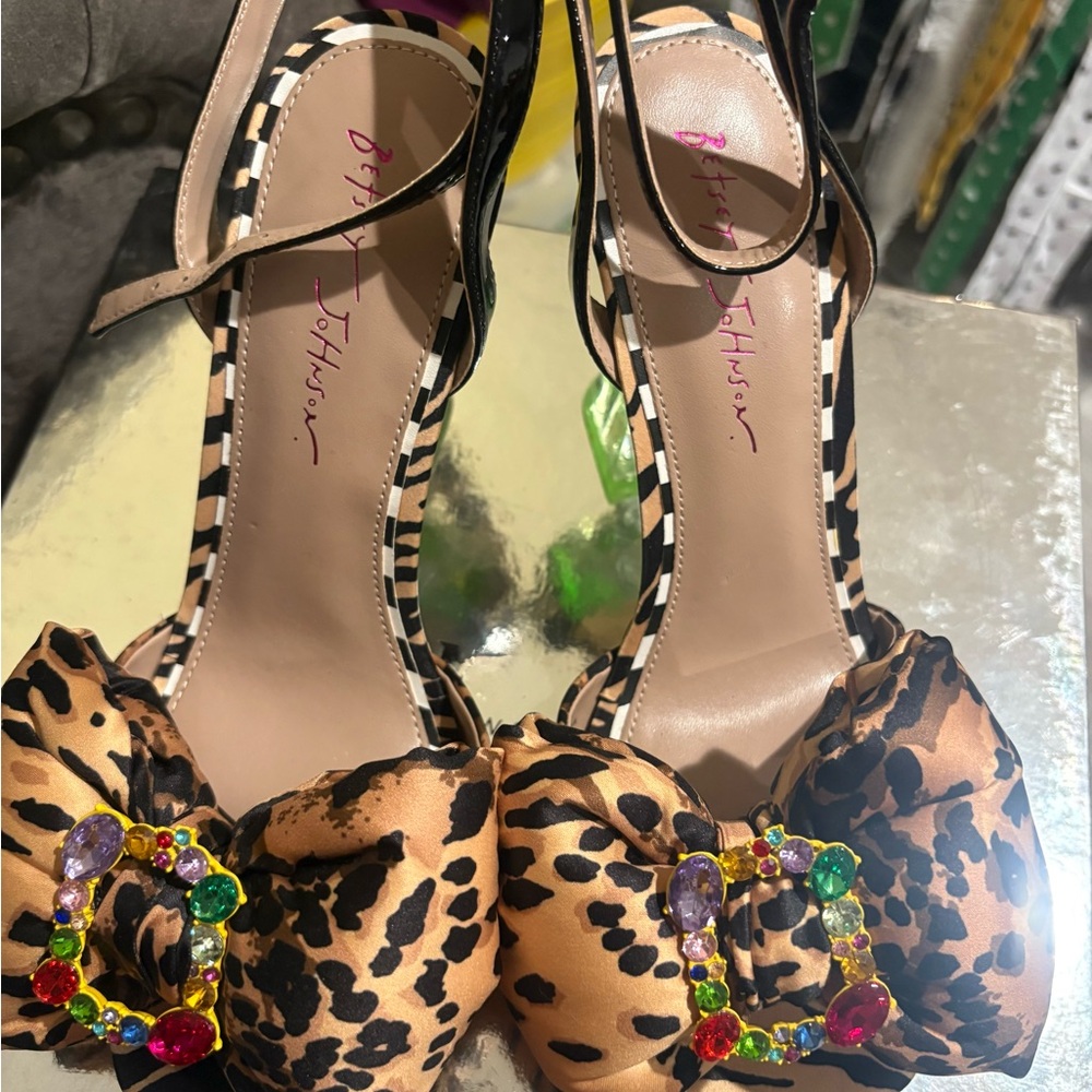 Betsey Johnson Leopard Print Heels with Jewel Buckle